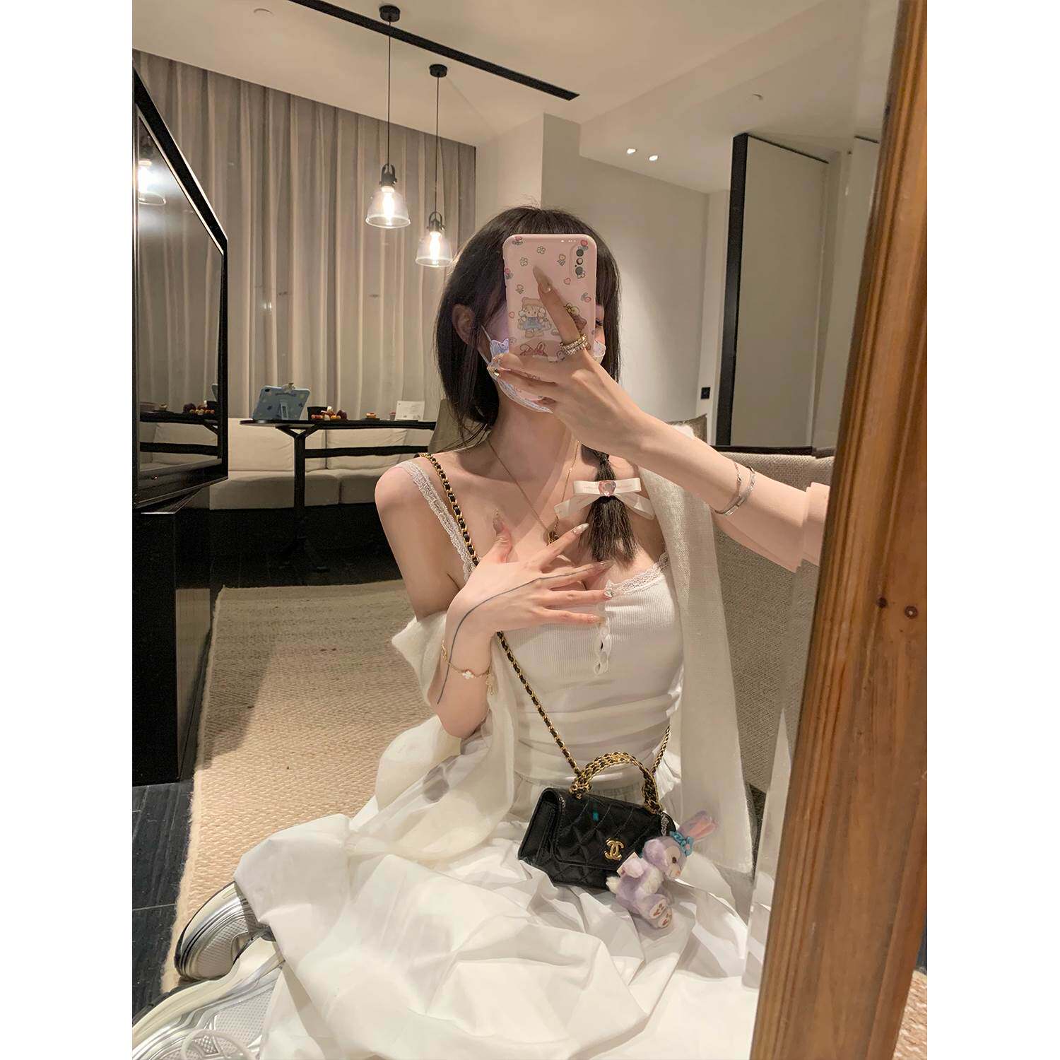 nss collection 纯纯欲动 蕾丝吊带/蝴蝶结上衣圆领白色短袖t恤女