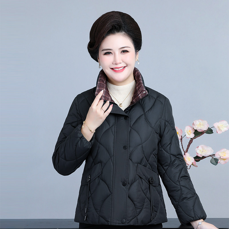 楠溪龙中老年女装黑色菱形格加肥加大码棉衣妈妈装时尚气质外套