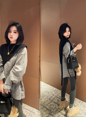 十三行里安20829冬季新款休闲宽松中长款T恤上衣+针织披肩两件套