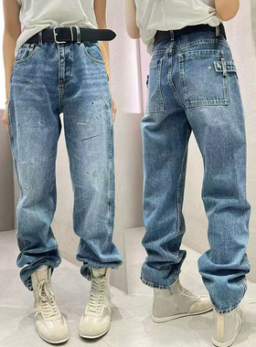 weisu唯速57345早春新款高腰窄版直筒裤水洗甩漆点洋气牛仔裤女潮