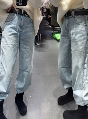 欧洲站2025冬新款欧货加绒浅蓝中高腰显瘦小弯刀洋气牛仔裤女长裤