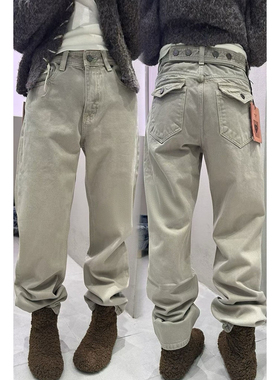 weisu唯速57299-3春秋窄版直筒裤高腰纽扣水洗奶咖色洋气牛仔裤女