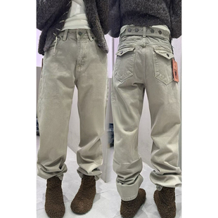 weisu唯速57299-3春秋窄版直筒裤高腰纽扣水洗奶咖色洋气牛仔裤女