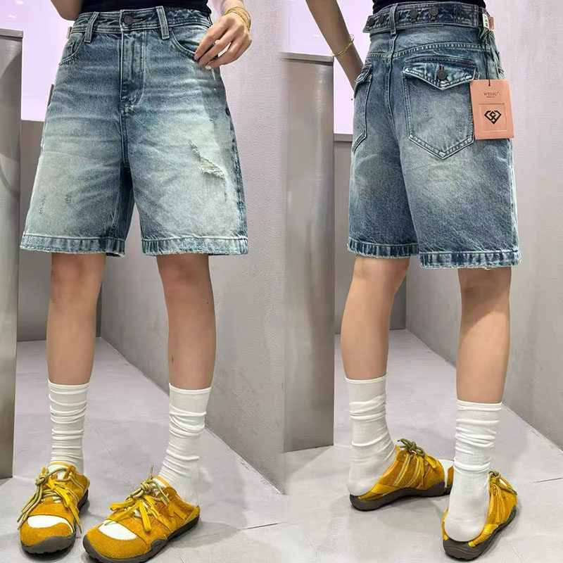 weisu唯速57485夏季新款欧货高腰纽扣设计五分裤显瘦牛仔短裤女潮