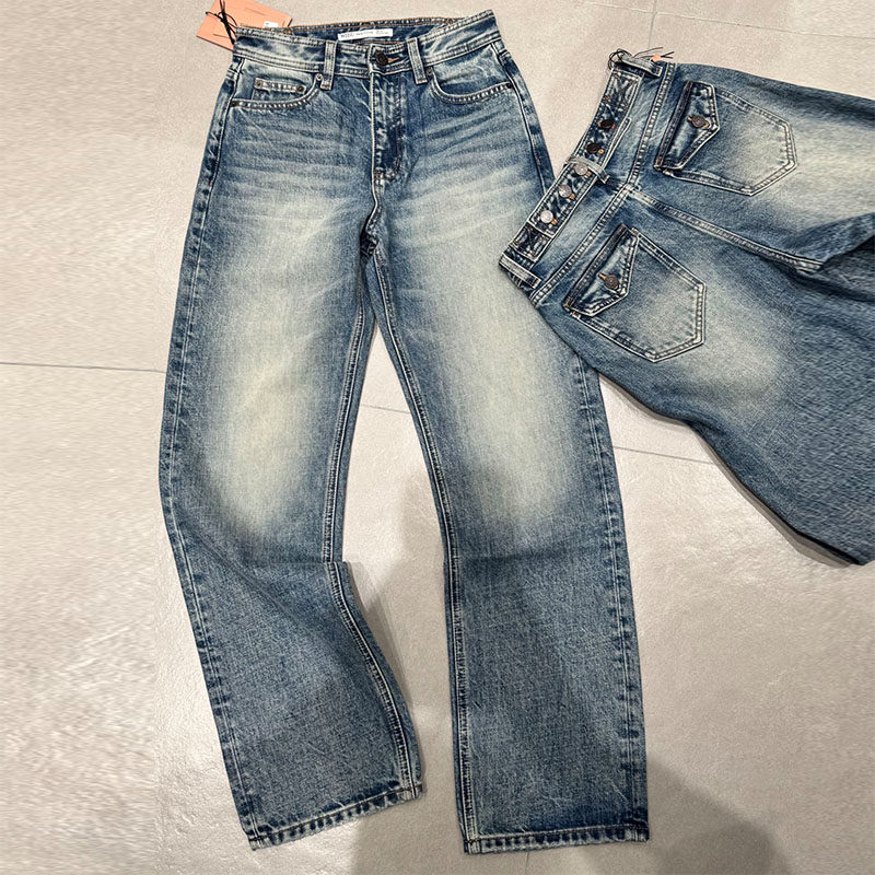 唯速57299-4冬季新款磨毛高腰纽扣设计加厚蓝色窄版直筒牛仔裤女