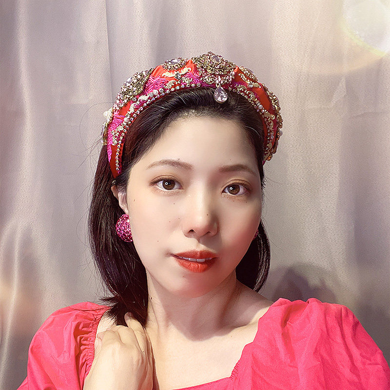 复古发饰玫红色雕花镶钻发箍女高