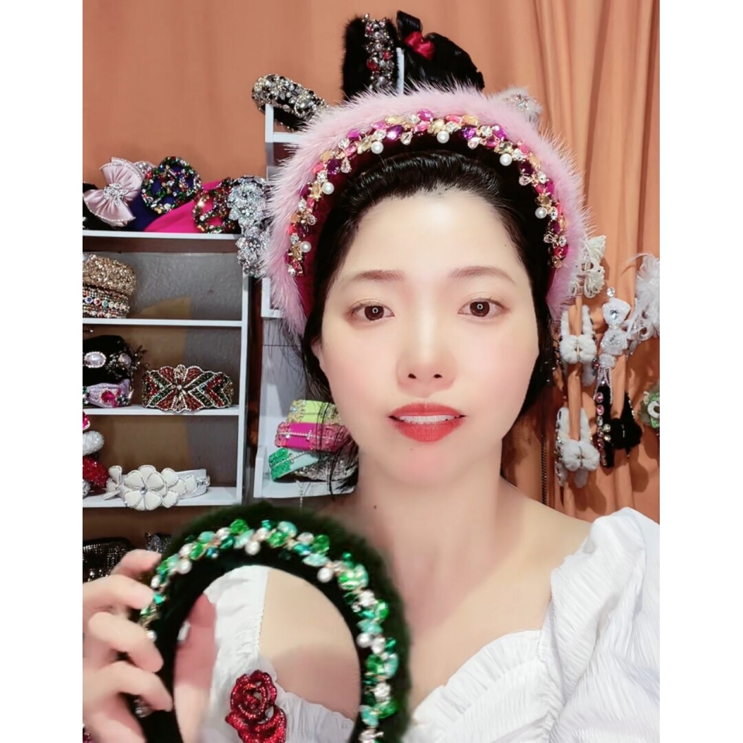 秋冬镶钻绿色貂毛发箍海绵发卡