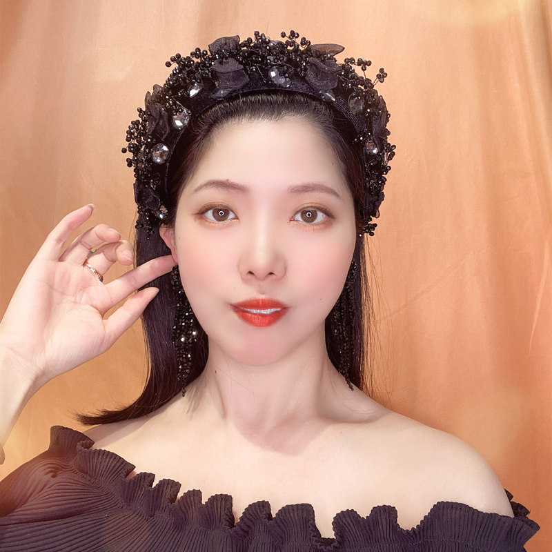 黑色蕾丝水晶发箍镶钻复古高颅顶