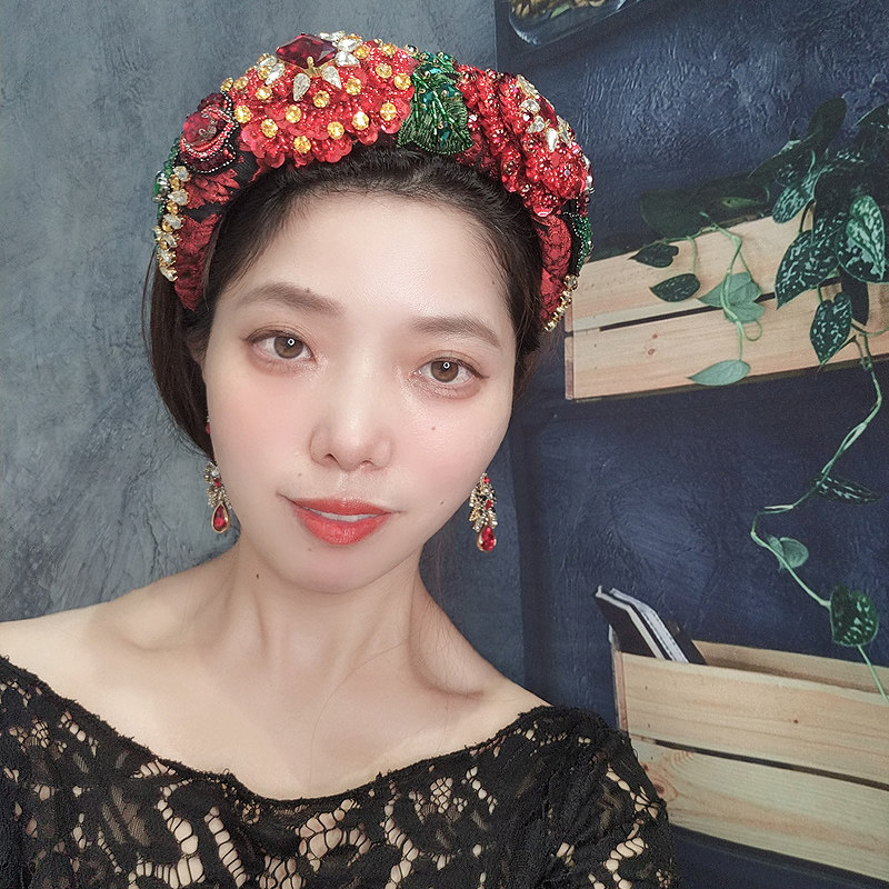 复古酒红色水晶发箍女巴洛克刺绣