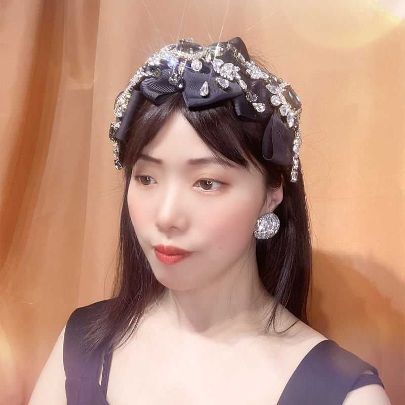 原创手工复古黑色镶钻蝴蝶结流苏发箍女高级感水晶发卡宽边带齿压