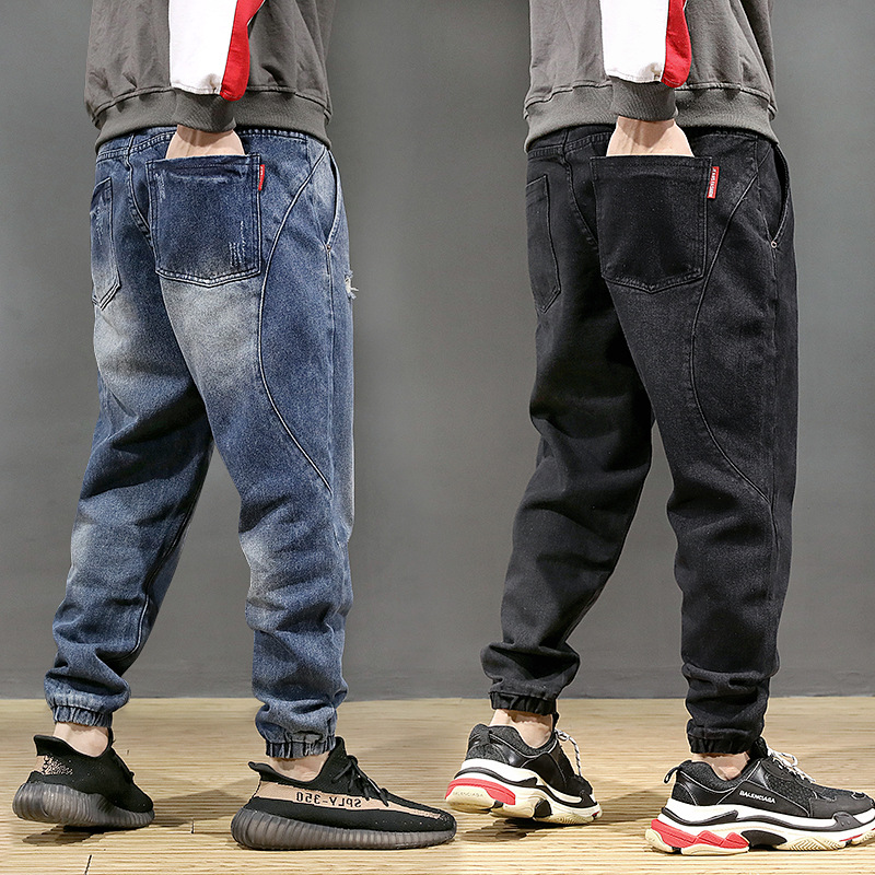 Hole scraped jeans mens trendy loose legged Harlem pants fat mans stitching and fattening oversize hemmed in leggings