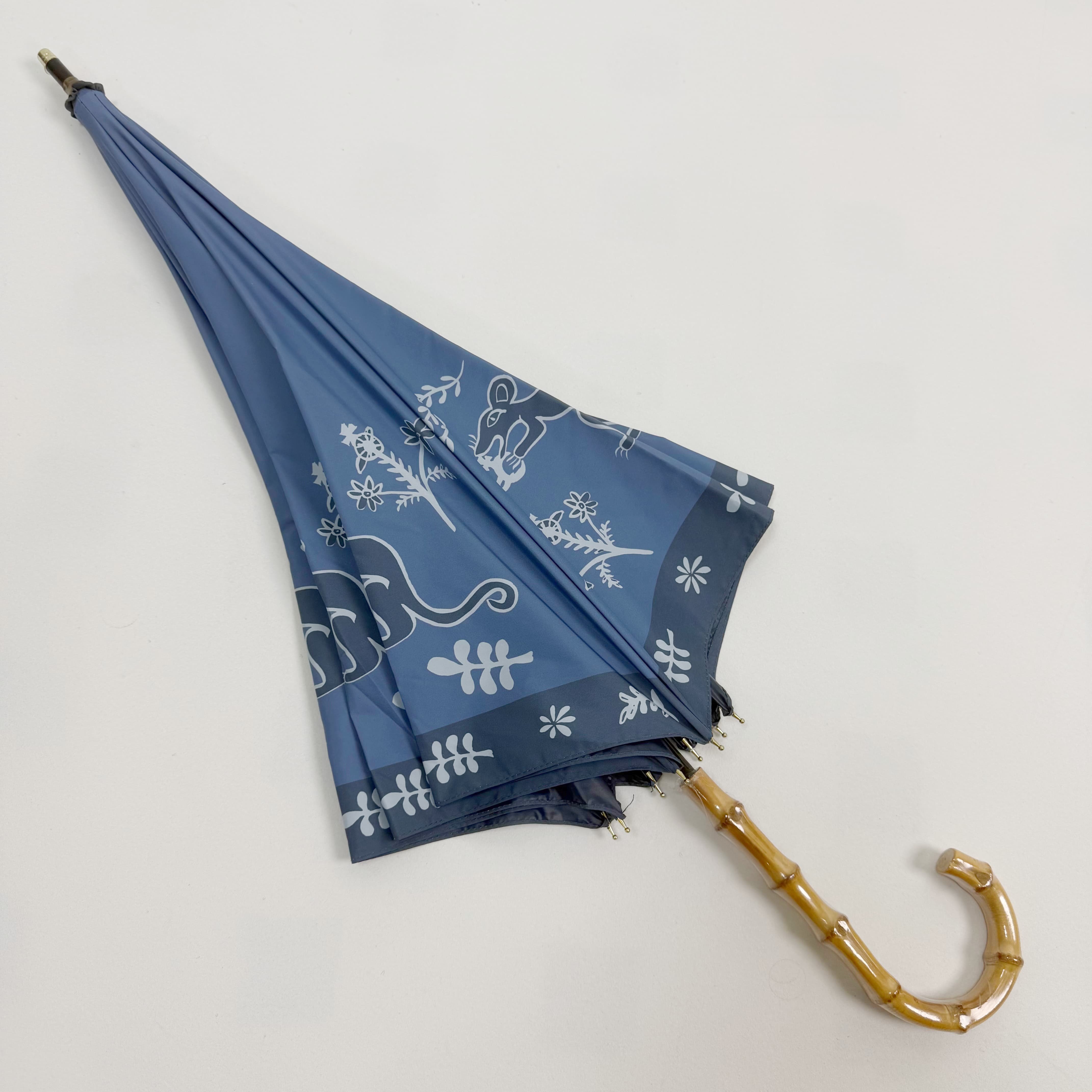 藏蓝动物印花手动竹节手柄晴雨伞黑胶全遮光零透光防紫外线遮阳伞