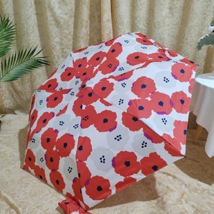 ins风三折轻量级 红白水墨花色气质弯钩大伞面晴雨伞无黑胶公主伞