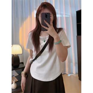 加码宽松的u领白色右肩短袖t恤为妇女夏季新胖毫米苗条的外观和覆