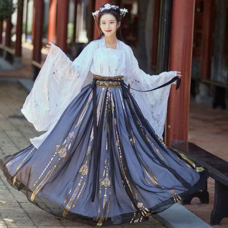 汉服广袖对襟齐腰襦裙大袖衫夏季套装日常黑白超仙清新淡雅古装