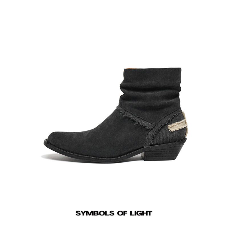 SYMBOLS OF LIGHT 十字徽切尔西靴 手工磨面真皮时装褶皱休闲短靴