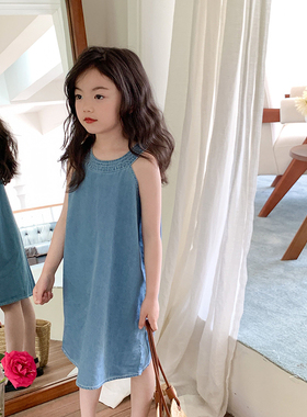 夏季新款甜美蓝色牛仔连衣裙女童气质无袖挂脖裙海边沙滩度假裙子