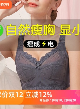 大胸显小内衣女薄款全罩杯聚拢防下垂侧收缩胸大码胖mm纯棉文胸罩