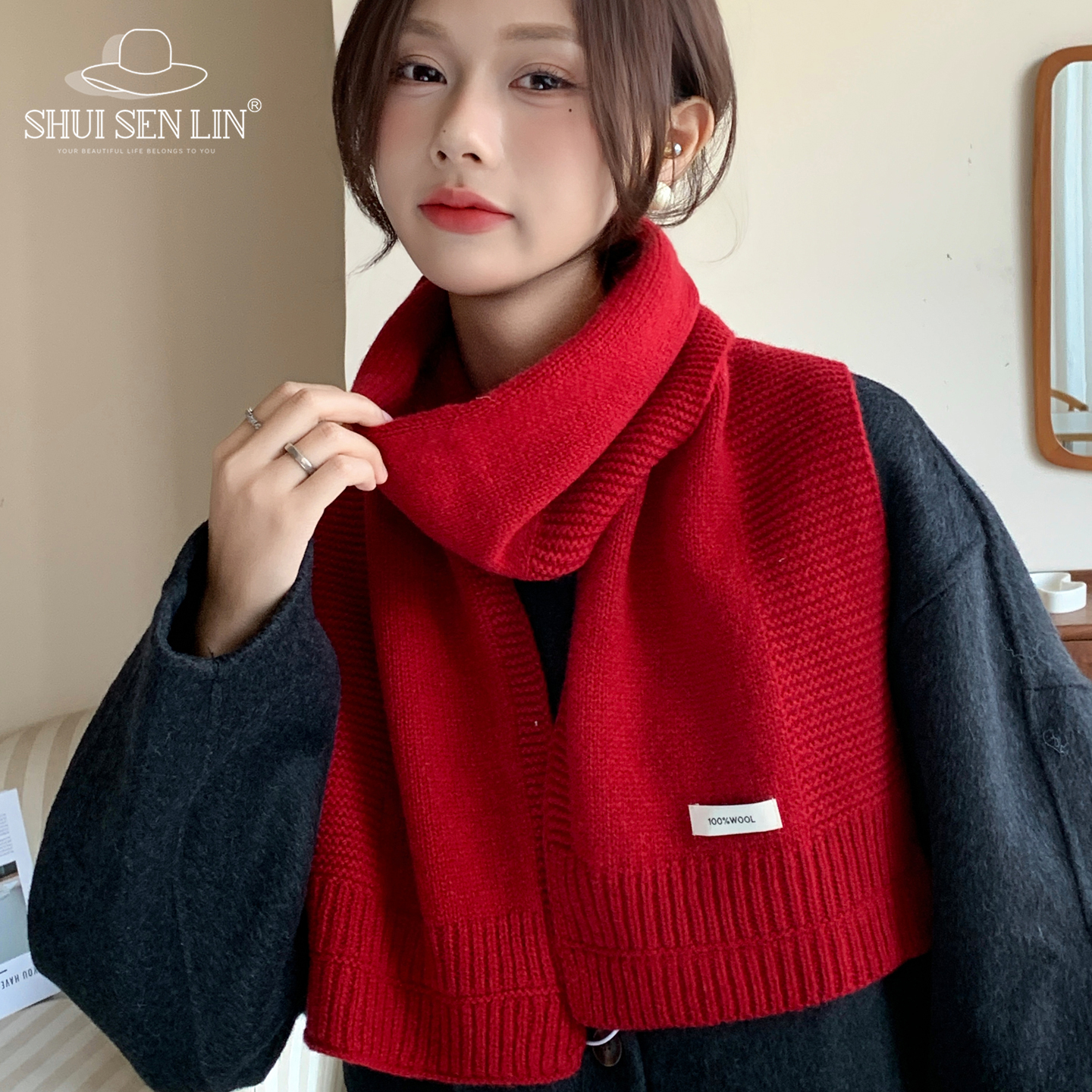 红色新款100%羊毛围巾女秋冬情侣百搭针织围脖保暖高级感新年韩版