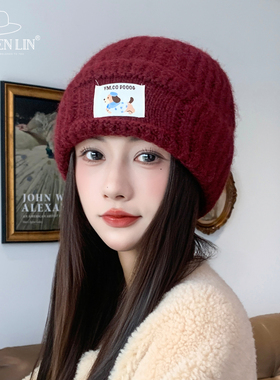 红色时尚百搭可爱针织毛线帽子女秋冬季保暖显脸小百搭护耳大头围