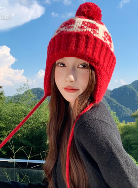 民族风红色时尚毛线帽女秋冬绑带防寒雷锋帽保暖百搭护耳针织帽潮
