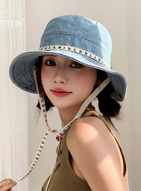 日系绑带渔夫帽子女春夏季复古水洗大檐显脸小盆帽户外防晒遮阳帽