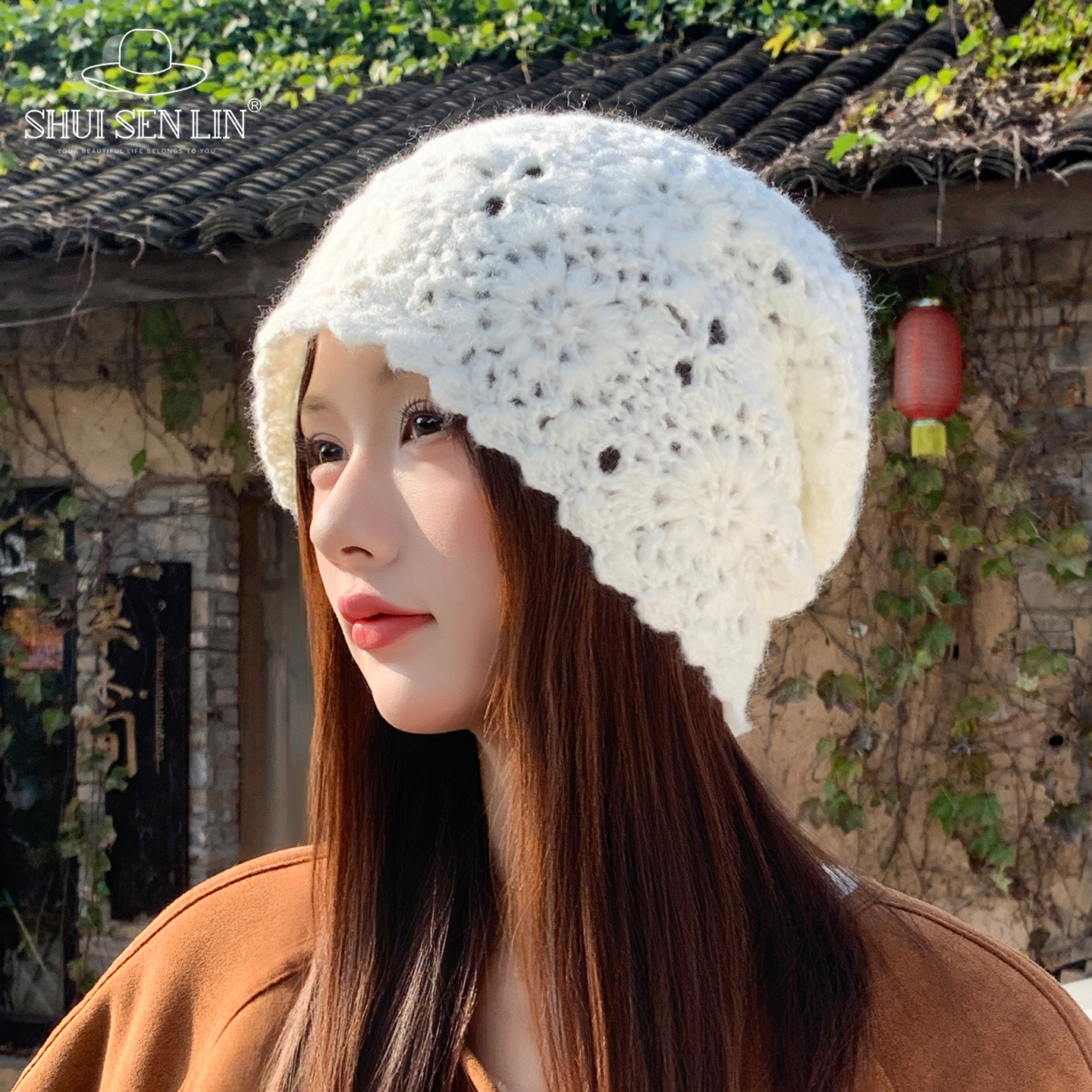 西川旅游拍照镂针织堆堆帽