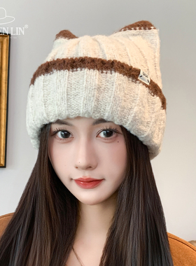 甜美可爱猫耳朵针织毛线帽子女秋冬加厚保暖护耳冷帽显脸小包头帽