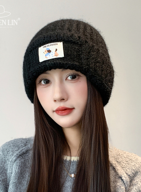 黑色休闲百搭可爱针织毛线帽子女秋冬季保暖显脸小百搭护耳大头围