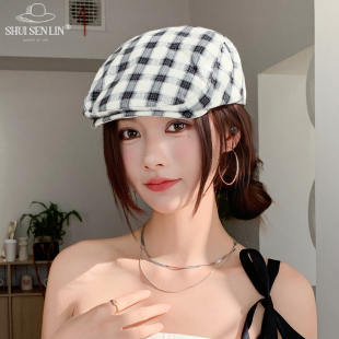 文艺复古英伦经典格子前进帽子女春秋季夏时尚百搭气质鸭舌贝雷帽