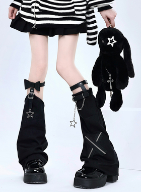 原创十字架链条皮扣腿套女辣妹黑色个性暗黑朋克堆堆袜套jk亚文化