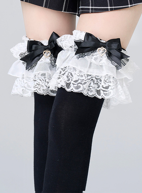 Lolita黑色过膝袜女水钻爱心吊坠多层蕾丝蝴蝶结花边长筒袜