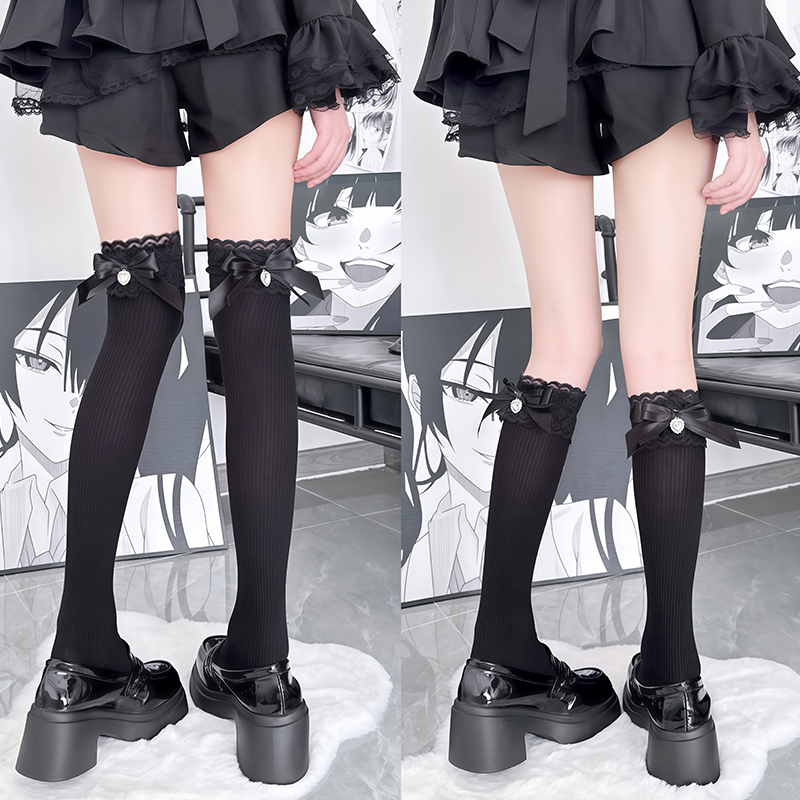 暗黑蕾丝花边后面蝴蝶结水钻长筒