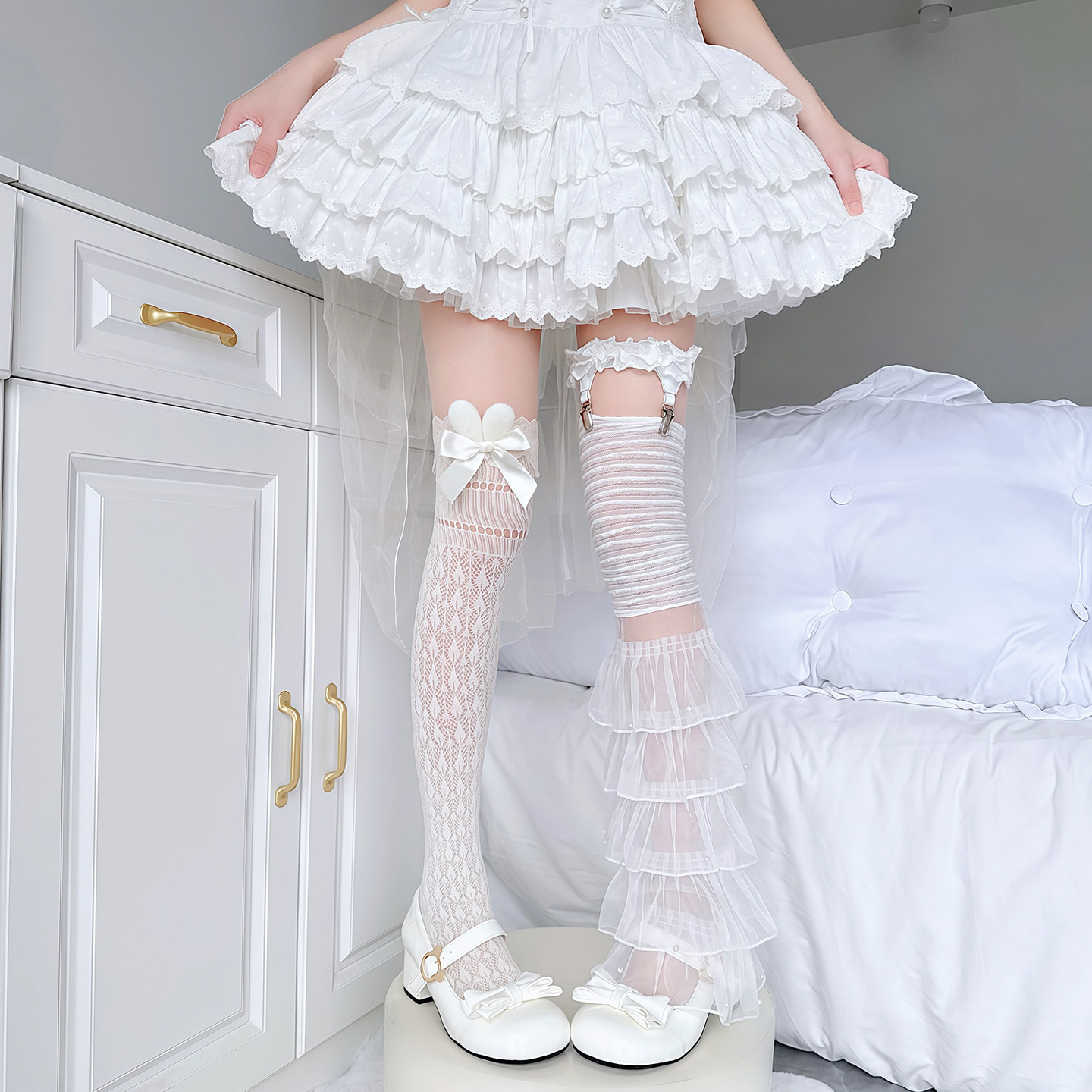 白色Lolita兔耳蝴蝶结甜美过膝袜叠穿蕾丝纱网洛丽塔少女白丝袜子