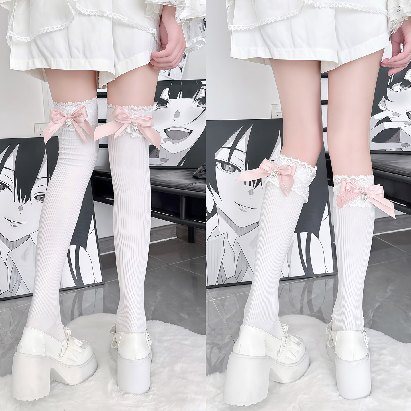 清楚系爱心水钻小腿袜女蕾丝边后粉蝴蝶结lolita白色秋甜美长筒袜,女士内衣/男士内衣/家居服,中筒袜,淘宝优惠券,粉丝福利购,淘宝优惠卷