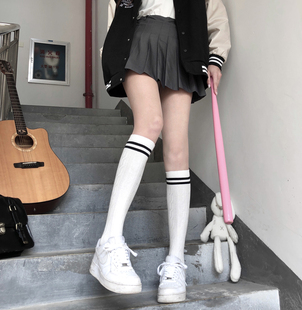 网红ins潮二杠条小腿袜女日系学院风运动条纹堆堆袜韩国中筒百搭