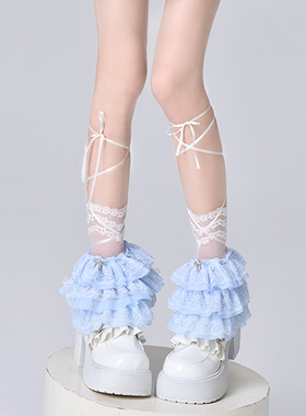 洛丽塔多层蕾丝花边蓝色腿套夏薄甜美网纱丝带透明女绑带堆堆袜套