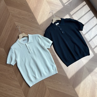 休闲重工立体菱形格嵌花纯色翻领针织POLO衫 夏日简奢 英伦时尚