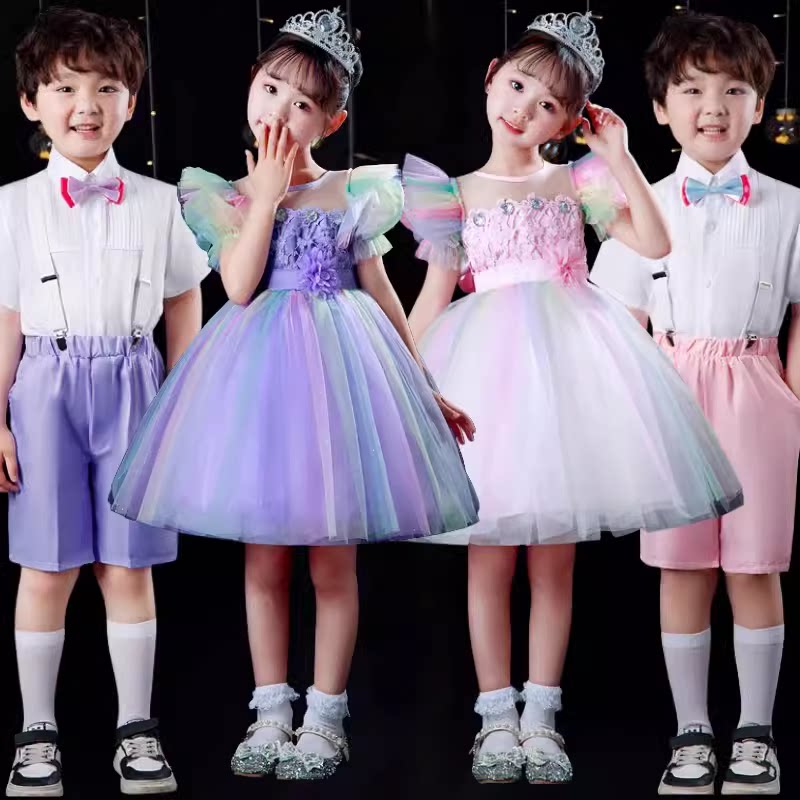 新国庆儿童演出服幼儿园女童舞蹈蓬蓬裙小学生男背带裤合唱表演服
