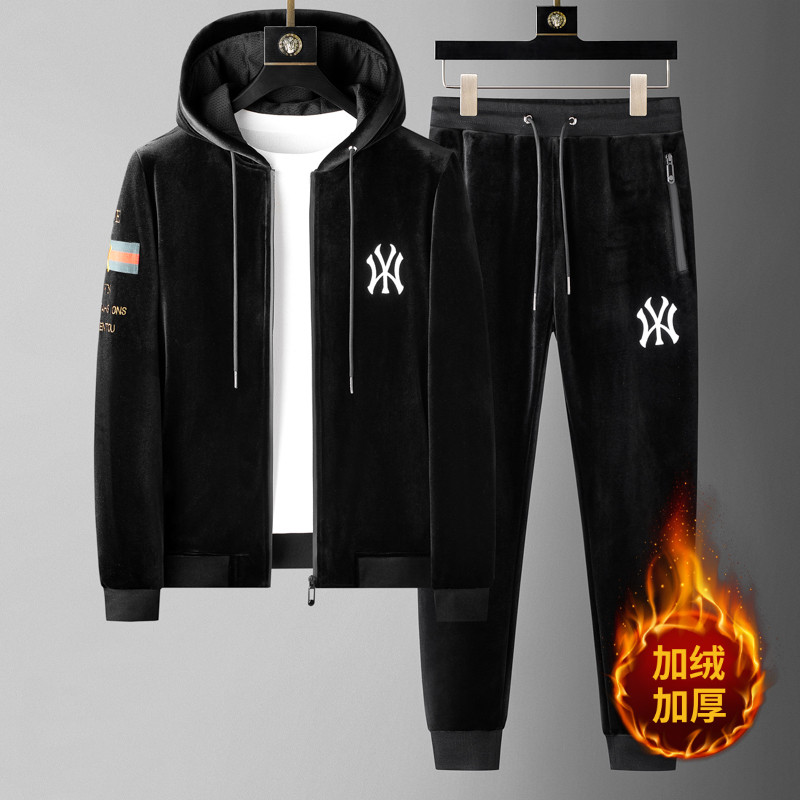 欧洲站丝绒套装男冬季新款双面加绒加厚连帽外套运动服休闲两件套