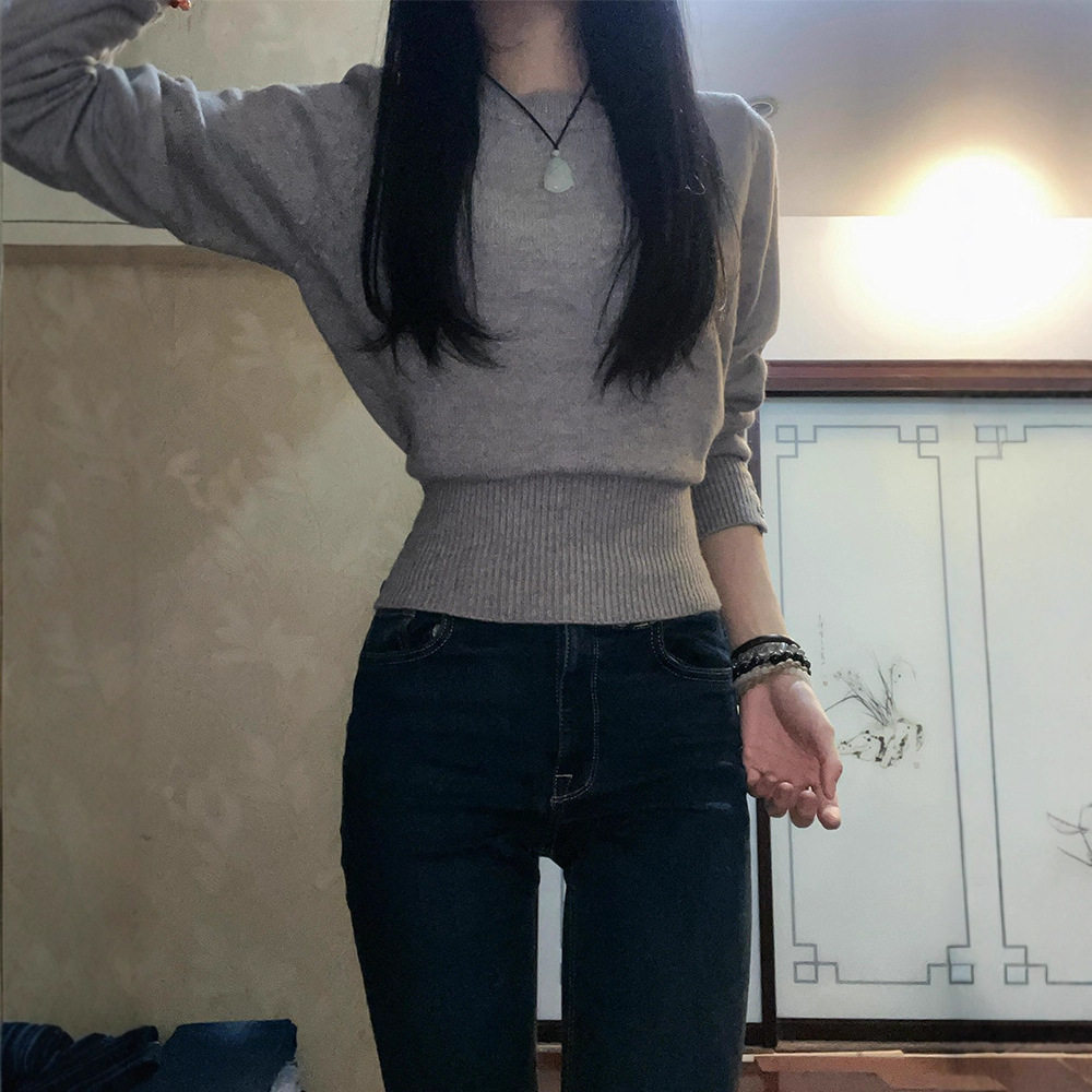 2025新款韩系短款灰色针织毛衣女