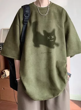 麂皮小猫烧花短袖T恤男新款重磅体恤衫休闲宽松大码五分半袖