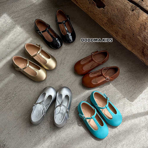 儿童小众T型皮鞋纯色公主鞋浅口