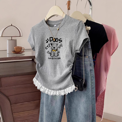 正肩小狗印花短袖女夏修身显瘦小个子百搭上衣