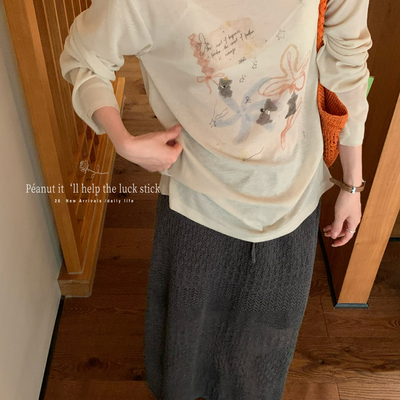 peanut花生家慵懒感夏顶珠印花防晒长袖T恤