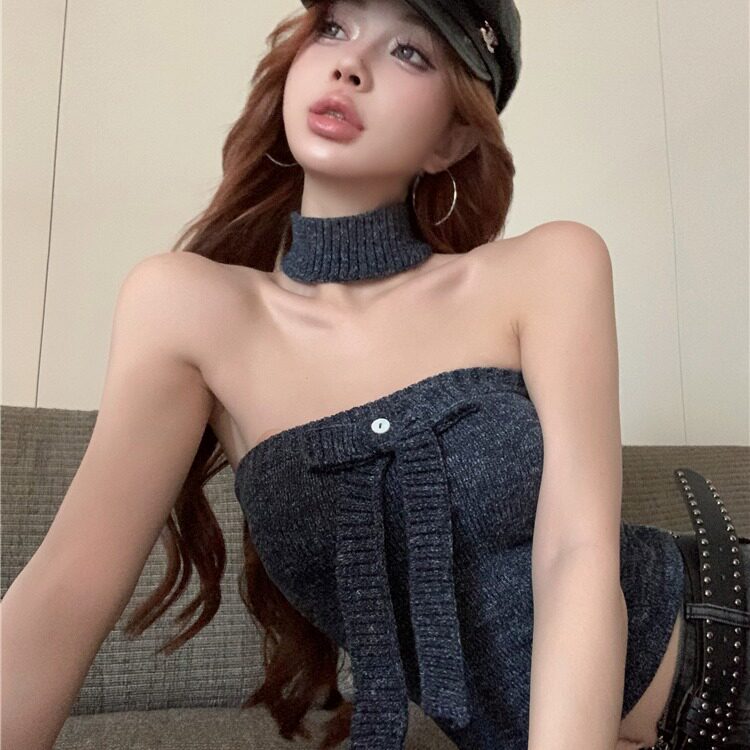 性感裹胸针织衫女无袖蝴蝶结修身短款纯欲气质打底衫毛衣上衣小衫