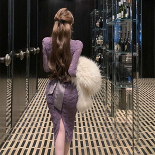 2024年秋冬新款 性感名媛气质V领收腰显瘦蕾丝加绒包臀显瘦连衣裙