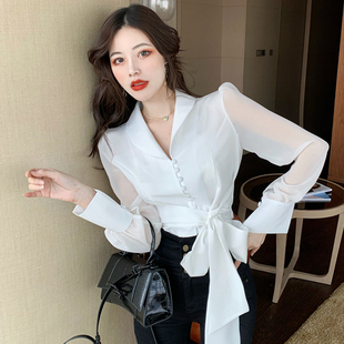 微透泡泡袖 新款 气质上衣 2020春季 小香风高腰显瘦超仙美蝴蝶结衬衫