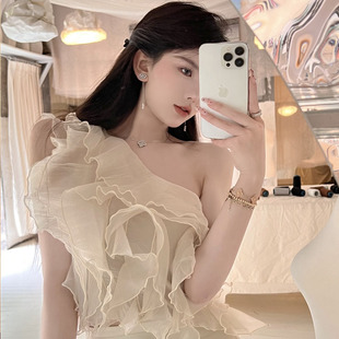 无袖 新款 斜肩性感荷叶边背心上衣半身长裙 夏季 小香风气质名媛套装