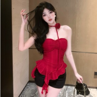 纯欲风荷叶边裙摆上衣夏季 抹胸性感收腰不规则显瘦背心女 新款